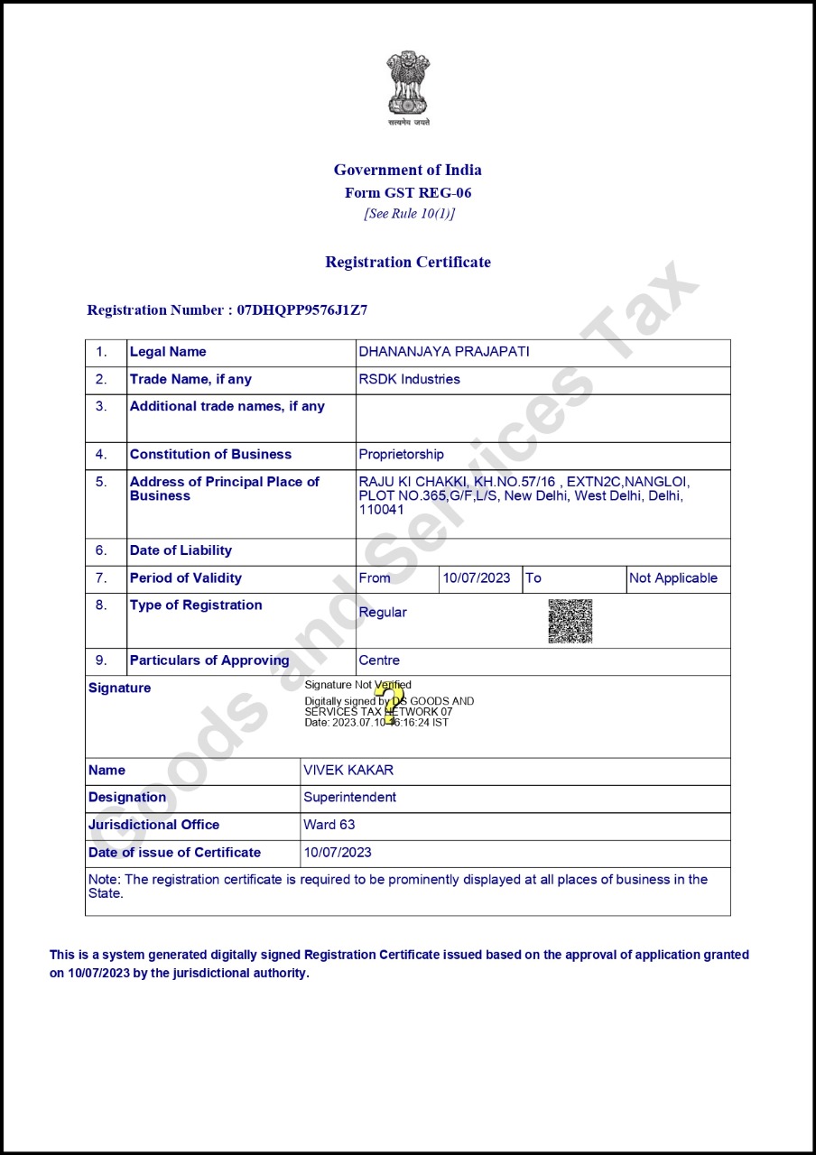 RSDK INDUSTRIES GST CERTIFICATE
